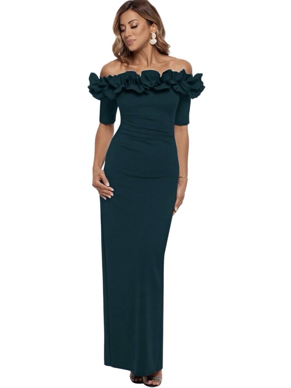 Xscape Long Off the Shoulder Ruffle Trim Scuba Crepe Gown Size 12 Pine NWT $228